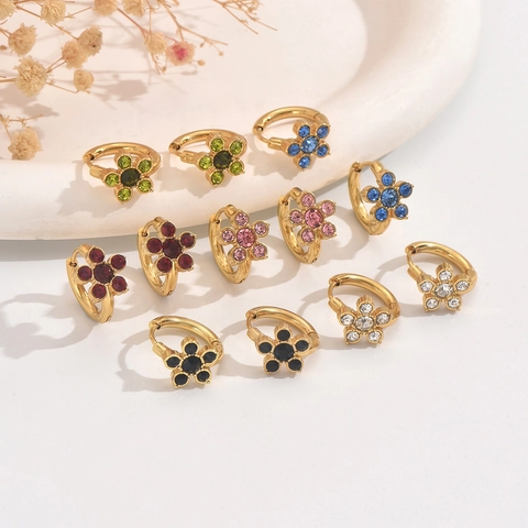 Stainless Steel Flower Stud Earrings For Women Colorful Rhinestone Huggie Hoop Earrings Sweet Floral Jewelry Gift