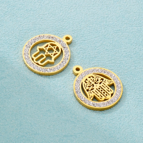 Pendente Mano Di Fatima In Acciaio Inossidabile Rotondo Cavo Stella Di David Con Strass Accessorio Gioielli DIY