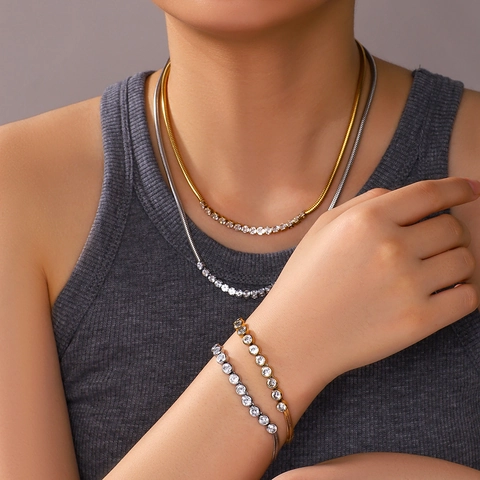 Collana E Bracciale In Acciaio Inossidabile Con Zirconi Scintillanti Catena A Serpente Gioielli Di Moda Per Donna