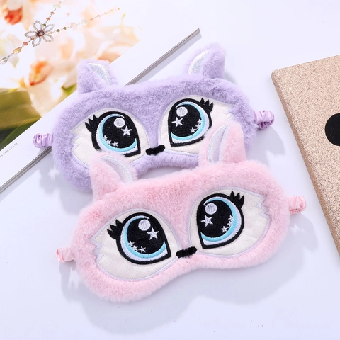 Cartoon Big Eyes Plush Sleep Eye Mask Soft Faux Fur Embroidered Blindfold For Kids Girls Nap Travel