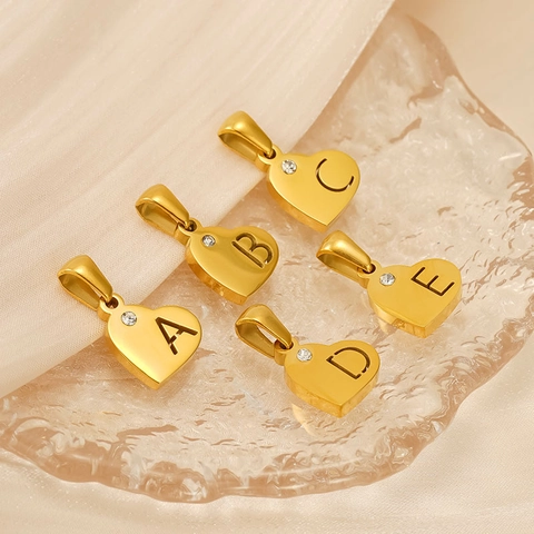 Heart Initial Letter Pendant 18K Gold Plated Stainless Steel Rhinestone Alphabet A-Z Hollow DIY Charm Jewelry For Women