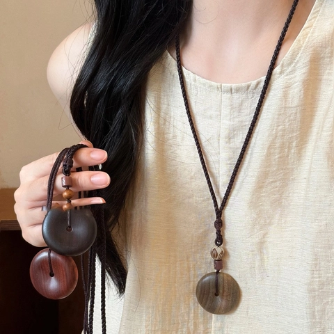 Collana Con Pendente In Legno Retro Tondo Cavo Legno Portafortuna Etnico Corda Intrecciata Catena Lunga Maglione Donna