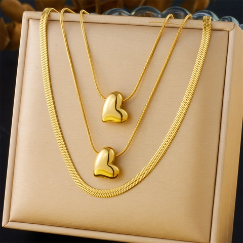 Collier Multi Rangs En Acier Inoxydable Plaqué Or Pour Femmes Pendentif Coeur Chaîne Serpent Bijoux Mode Minimaliste