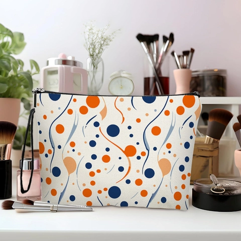 Borsa Da Trucco Con Stampa Geometrica Astratta In Lino Fine Con Cerniera E Cinturino Da Polso Da Donna Organizer