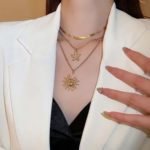 Collier Multirang Alliage Pendentifs Soleil Visage Étoile De Mer Style Bohème Rétro Bijoux Pour Femmes Élégant Chic