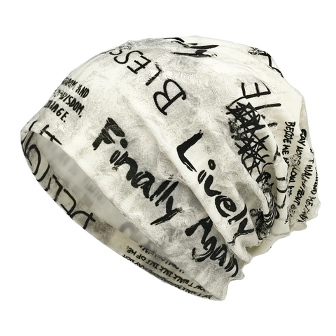 Distressed Knit Beanie Slouchy Graffiti Printed Streetwear Punk Style Polyester Skull Cap For Men And Women