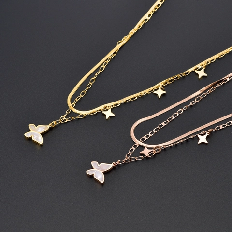 Women Titanium Steel Double Layer Necklace With Shell Butterfly Pendant And Star Charms Snake Chain Fashion Jewelry