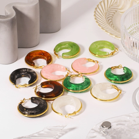 Resin Hoop Earrings For Women With Stainless Steel Earring Post Marble Pattern Waterproof Hypoallergenic Jewelry