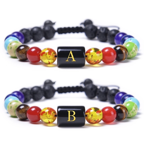 Pulsera Cuentas Piedra De Lava Trenzada Ajustable Letra Inicial Piedra Preciosa Siete Chakra Unisex Joyería Difusor