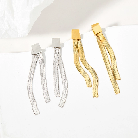 Stainless Steel Long Tassel Earrings Square Geometric Snake Bone Chain Asymmetric Drop Earrings For Women Fashion