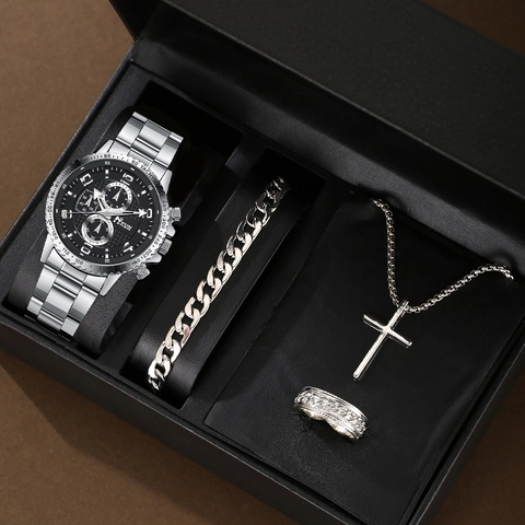 Business Fashion Men Watch Jewelry Collection Stainless Steel Alloy Quartz Watch Cross Pendant Necklace Cuban Bracelet Ring