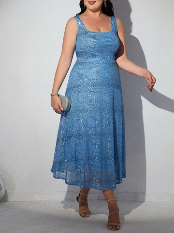 Vestito Midi Senza Maniche Con Paillettes Taglie Forti Da Donna Scollo Quadrato Vestibilità Aderente Linea A Sera Cocktail Blu
