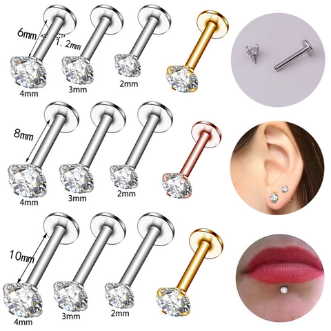 Stainless Steel Labret Stud Lip Ring With Cubic Zirconia Flat Back Internally Threaded Piercing Jewelry For Women