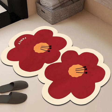Flower Shaped Absorbent Non-Slip Bathroom Mat Oil Painting Tulip Design Quick Drying Aesthetic Floor Rug For Shower Entryway