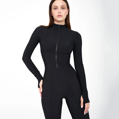 Women Jumpsuit Long Sleeve Zipper Front Thumb Hole Sexy Skinny High Elastic Bodycon One Piece Polyester Spandex Outfits