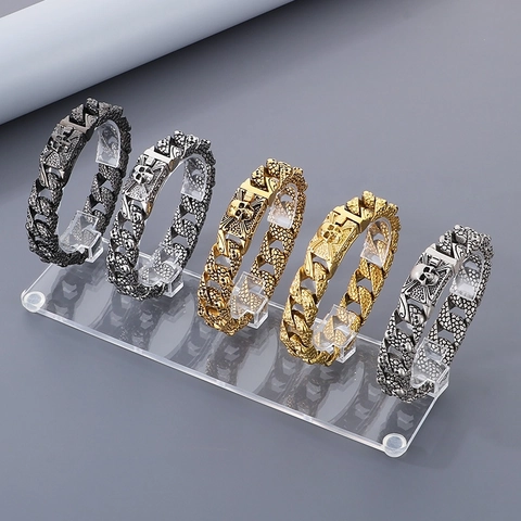 Bracciale Da Uomo Acciaio Inossidabile Teschio Ossa Incrociate Catena Cubana Gotico Punk Vintage Retro Gioielli