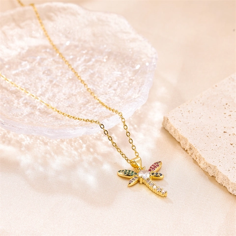 Elegante Collana Con Pendente A Libellula In Rame Placcato Oro Con Zirconi Colorati Gioielli Per Donna