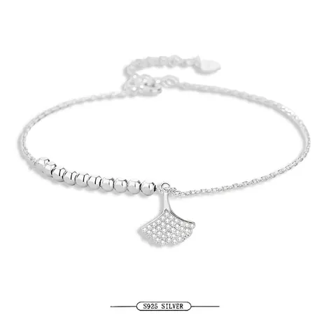 925 Sterling Silver Ginkgo Leaf Bracelet For Women Sparkling Rhinestone Elegant Adjustable Jewelry Hand Chain Gift