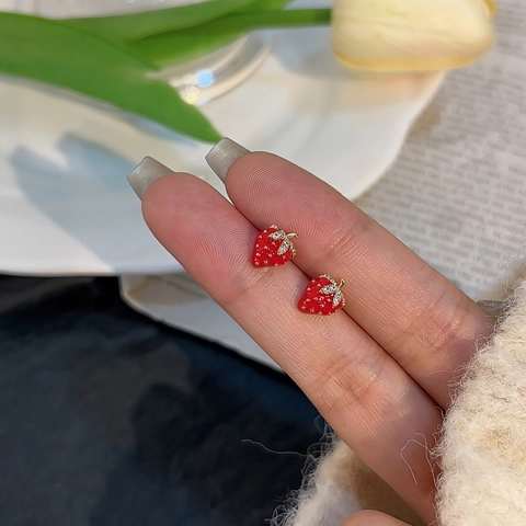 Pendientes de Botón de Fresa Roja Con Poste de Plata de Ley 925 Lindos Pendientes de Frutas Con Strass para Mujer Joyas Minimalistas Dulces