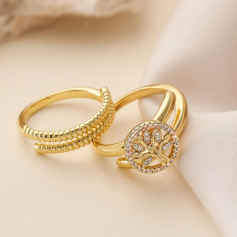 Evil Eye Heart Tree Of Life Rings For Women Gold Plated Copper Zircon Layered Textured Adjustable Fashion Jewelry