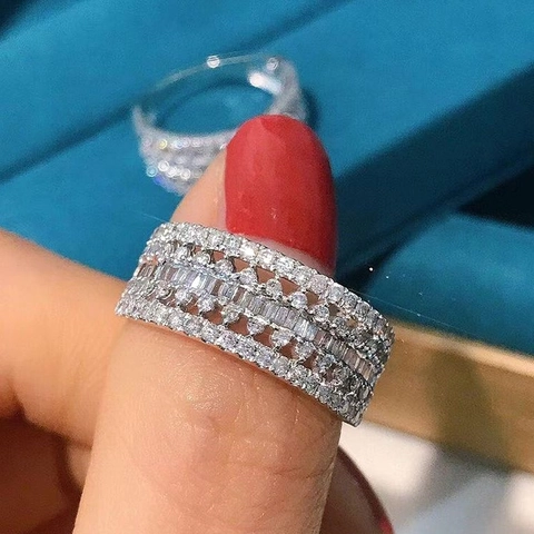 Hollow Out Wide Band Ring Copper Cubic Zirconia Multi Row White Gold Color Geometric Exquisite Fashion For Women