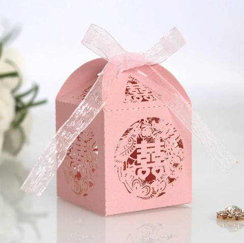 Laser Cut Hollow Candy Boxes Double Happiness Dragon Phoenix Pearlescent Paper Gift Box With Ribbon Wedding Party Favor