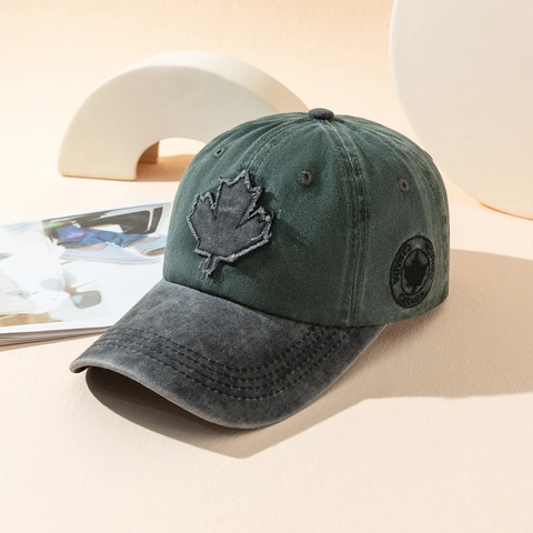 Vintage Washed Polyester Baseball Cap For Women Men Maple Leaf Patch Adjustable Sunshade Sports Hat Grey Green