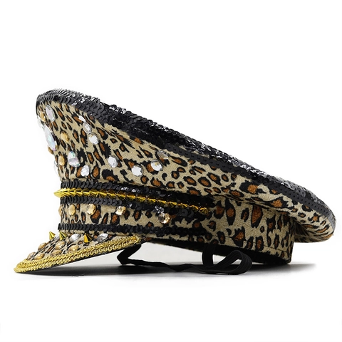 Leopard Print Military Captain Hat With Rhinestones Sequins And Gold Trim For Party Festival Performance Novelty Accessory