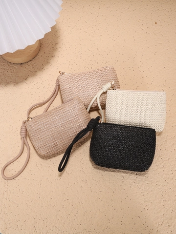 Woven Straw Coin Purse Mini Portable Handheld Wrist Strap Card Holder Storage Bag