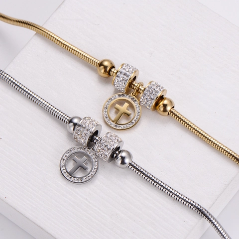 Bracciale A Catena Di Serpente In Acciaio Inossidabile 304 Con Ciondolo A Croce Rotonda Strass Chiusura Magnetica Moda