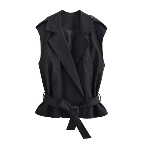 Women Vest Notch Lapel Sleeveless Jacket Belted Waist Solid Color Office Lady Professional Casual Outerwear