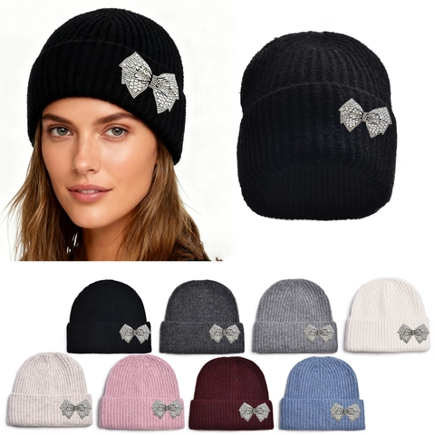 Beanie Hat Women Acrylic Warm Winter Rhinestone Bow Folded Edge Ribbed Knit Soft Stretchy Casual Outdoor