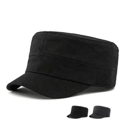 Cotton Cadet Cap Military Hat Flat Top Adjustable Elastic Back Outdoor Sun Protection Breathable Unisex