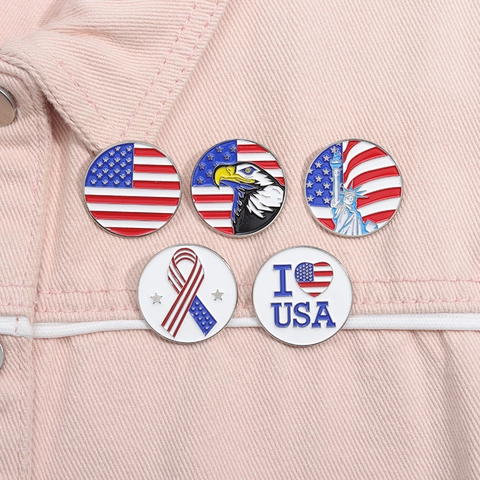 Round Enamel Brooch Pin Zinc Alloy US Flag Statue Of Liberty Patriotic Badge For Clothing Backpack Decoration Unisex