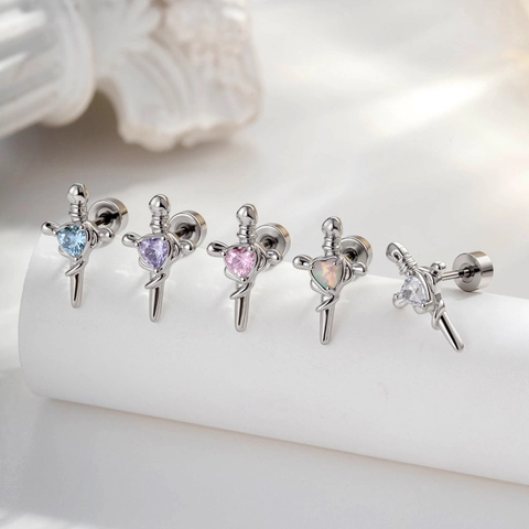 Orecchino A Perno Cartilagine Spada Pugnale Cuore Acciaio Titanio Rame Zircone Opale Gioielli Piercing Per Donna