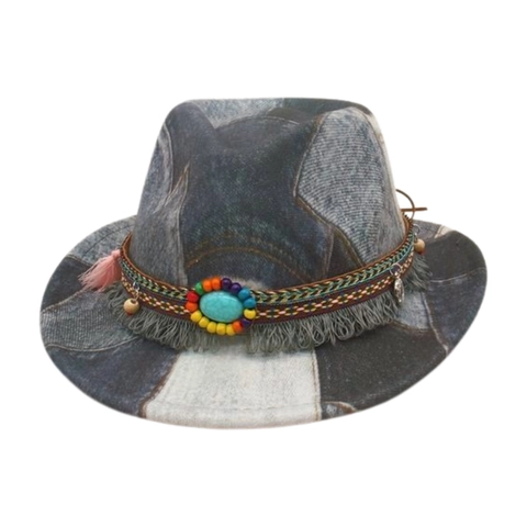 Kinderen Fedora Hoed Denim Patchwork Boho Etnische Jazz Pet Western Cowboy Met Kwastjes Turkoois Voor Kinderen