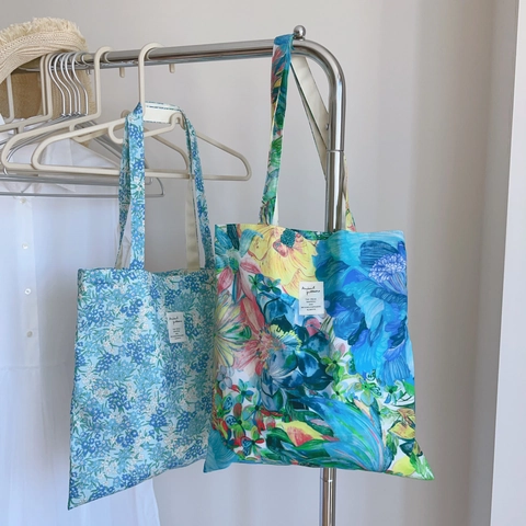 Florale Print Tote Bag Baumwolle Canvas Große Kapazität Shopper Handtasche Vintage Freizeit Reise Schultertasche Damen