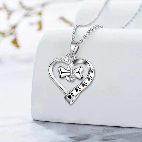 Herz Anhänger Halskette Mit Hundepfoten Abdrücken Und Knochen Charm Kupfer Zirkonia Schmuck Für Damen