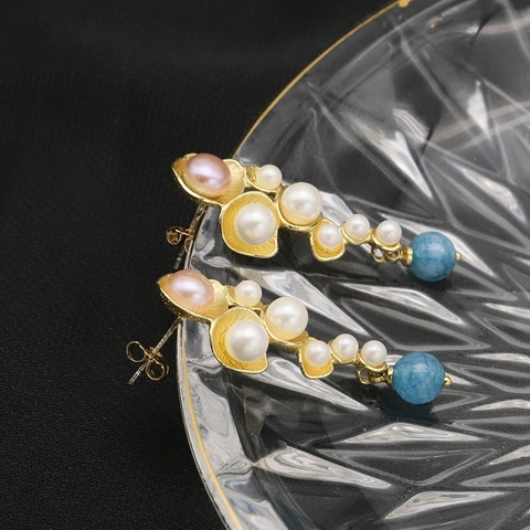 Vintage 18K Gold Plated Natural Freshwater Pearl Drop Earrings For Women Aquamarine Purple Grape Bead Dangle Earrings