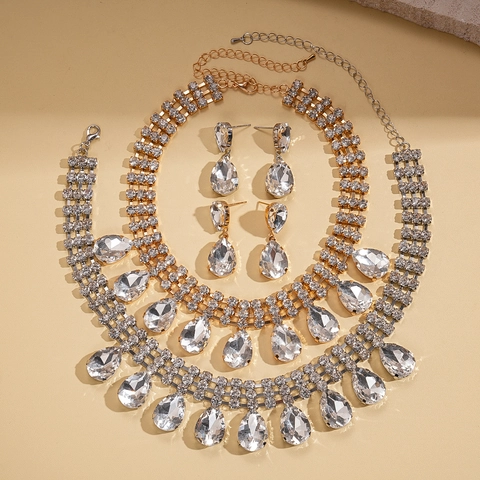 Luxus Strass Wassertropfen Schmuck Kollektion Legierung Mehrreihige Halskette Und Ohrringe Für Frauen Hochzeit Party Bankett