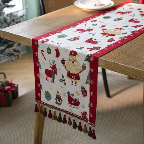 Runner da Tavolo Natalizio in Poliestere Jacquard Con Motivo Babbo Natale Renna Pupazzo di Neve e Nappe per Feste