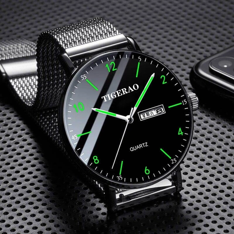 Quartz Watch Men Stainless Steel Mesh Strap Waterproof Luminous Date Day Calendar Business Casual Fashion Wristwatch