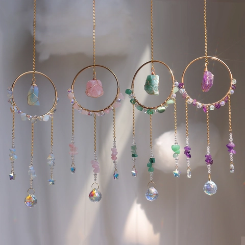 Crystal Suncatcher Wind Chime Natural Raw Stone Prism Ball Hanging Ornament Bohemian Modern Home Indoor Window Decor