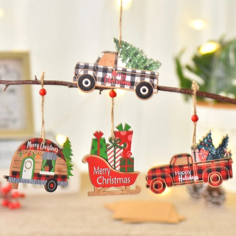 Pendenti Natalizi In Legno Camion Scozzese Camper Slitta Decorazione Albero Ornamenti Festivi Con Corda Di Juta Perla Rossa