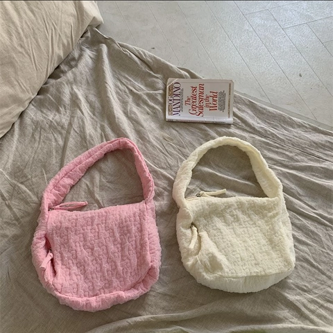 Bolso De Hombro Plisado Para Mujer Nylon Textura De Burbuja Bolso Hobo De Axila Elegante Minimalista Color Sólido Casual