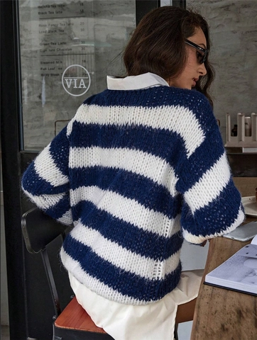 Suéter De Punto De Rayas Para Mujer Cuello Redondo Manga Larga Suelto Casual Invierno Otoño Azul Y Blanco