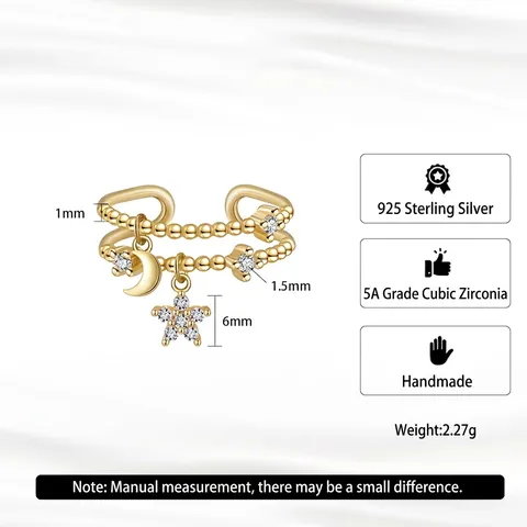 925 Sterling Zilver Ster Maan Dubbele Laag Verstelbare Open Ring Met Zirconia Elegante Mode Sieraden Voor Vrouwen Cadeau