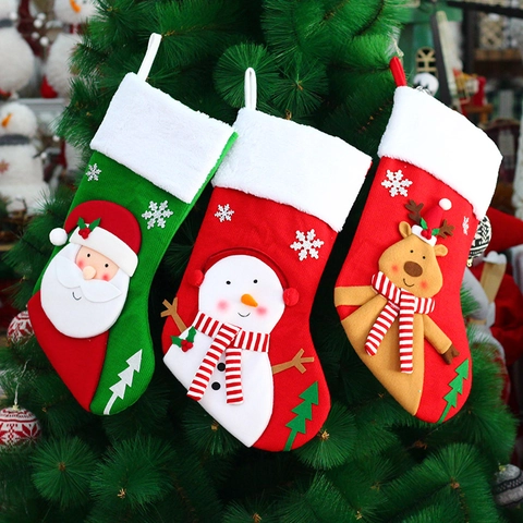 Christmas Stockings Knitted Plush Santa Snowman Reindeer 3D Characters Holiday Fireplace Hanging Decor Xmas Gift Bags