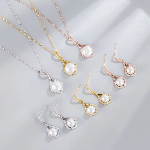 925 Sterling Silver Water Drop Artificial Pearl Jewelry Set Necklace Earrings With Rhinestone Elegant Rose Gold Women Jewelry