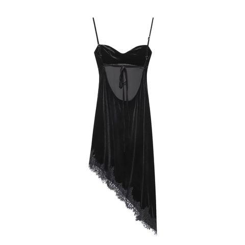 Women Sexy Velvet Lace Midi Dress Spaghetti Straps Backless Asymmetric Hem Solid Color Elegant Fashion